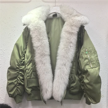2021 zimné nové hrúbkou tepelnej army zelená vetrovka pre ženy veľký reálny fox kožušiny golier bavlna kabát žena voľné skladaný módna bunda