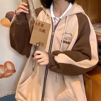 2022 jeseň a v zime college v štýle Japonská dievča roztomilý hoodie medveď výšivky študent módne voľné šitie sveter na zips