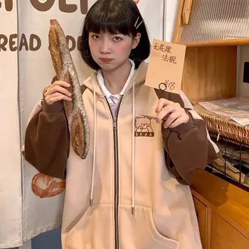 2022 jeseň a v zime college v štýle Japonská dievča roztomilý hoodie medveď výšivky študent módne voľné šitie sveter na zips Obrázok 2