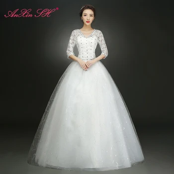 AnXin SH krásy biely kvet čipky svadobné šaty princezná v krku lištovanie kvet crystal polovičný rukáv kvet červený svadobné šaty