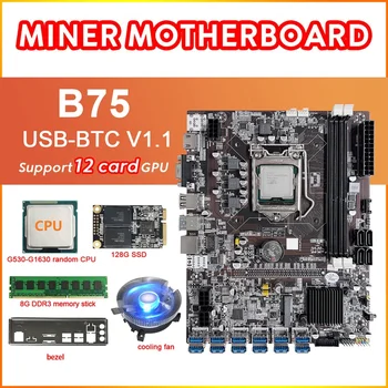 B75 12 Karta BTC Ťažba Doska Set+G530/G1630 CPU+Chladiaci Ventilátor+8G DDR3 RAM+128G SSD+Rám 12USB3.0 LGA1155 PAMÄTE DDR3 MSATA
