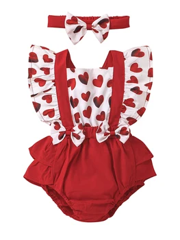 Baby Dievčatá Valentines Romper Nastaviť Prehrabať Rukávy Srdca Tlače Bowknot Playsuit hlavový most Dieťa Valentine s Oblečenie