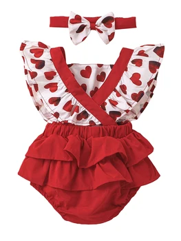 Baby Dievčatá Valentines Romper Nastaviť Prehrabať Rukávy Srdca Tlače Bowknot Playsuit hlavový most Dieťa Valentine s Oblečenie Obrázok 2