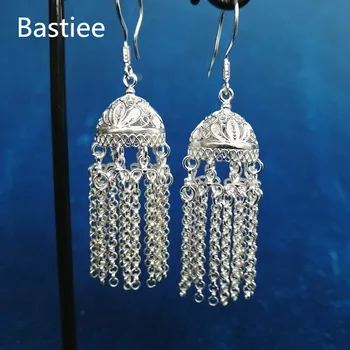 Bastiee 999 Mincový Striebro Mongolsko Klobúk Strapec Náušnice Pre Ženy, Jemné Šperky Hmong Ručné Earing Etnických oorbellen brincos