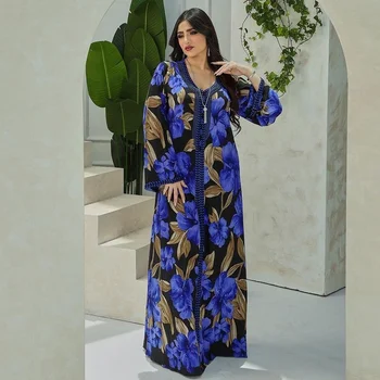 Dlhý Rukáv Abayas Pre Ženy Dubaj Moslimských Islamské Oblečenie Maxi Župan Jelaba Femme Musulman Večerné Šaty Dashiki Tlač Boubou Obrázok 2