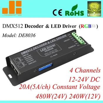 Doprava zadarmo 4channels RGBW LED Regulátor DMX LED Dekodér & Vodič 12V DMX Regulátor DE 8036