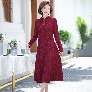 Elegantné Midi Cheongsam Šaty Pre Ženy 2021 Jeseň Zima Módne, Elegantné Ženy Dlhý Rukáv Retro Turtleneck Strany Vestidos