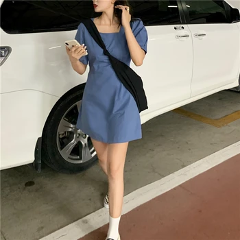 Elegantné Sladké Leto kórejský Módne-line Vysoký Pás Tenké Kawaii Mini Šaty Harajuku Vintage Krátke Lístkového Rukáv Backless Šaty Obrázok 2
