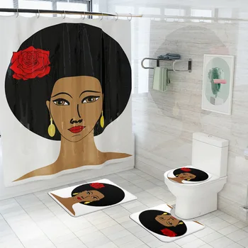 Farebné Make-Up Africká Americká Žena Vytlačené Wc Pad Kryt Mat Textílie Sprchový Záves Vaňa Koberec Nastaviť Kúpeľňa Záclony Sady