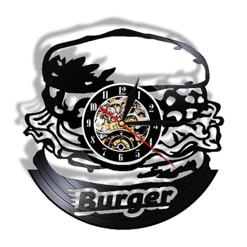 Hamburger Kuchyňa Vinyl LP Nahrávanie Nástenné Hodiny Deťom Burger Morden Dizajn Hodiniek Fast Food Osvetlené Nočné Svetlo Lampy