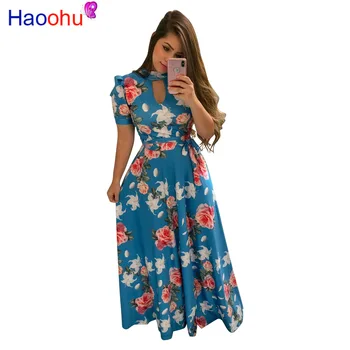 HAOOHU jarné a letné dlhé šaty ženy-krátke rukávy kvetinový tlač retro temperament šaty pás, veľké lem šaty lady