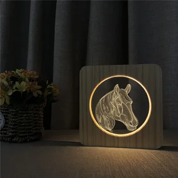 Horsehead Zviera 3D LED Arylic Drevené Noc Lampa Tabuľka Light Switch Kontroly Rezbárstvo Lampa pre detské Izby Zdobiť