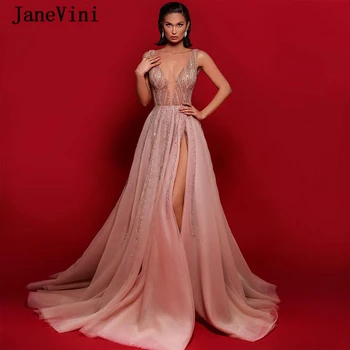 JaneVini Sexy Dubaj Dizajn V Krku Dlhé Šaty Ples Riadok Bez Rukávov Luxusné Korálkové Vysoká Rozdeliť Blush Pink Tylu Party Šaty 2020