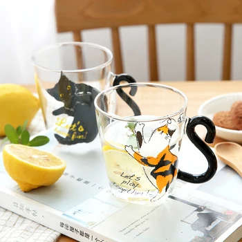 Japonský Štýl Čierna a Biela Mačka Tepelne-Odolné Sklenené Fľaše Domácnosti Kreatívne Raňajky Pohár Mlieka Šálku Kávy KEDICAT Obrázok 2