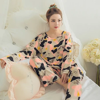 Jeseň Nové Tlačené Dlhý Rukáv Roztomilý Sleepwear Ženy Pyžamo Nastaviť Jar Bežné Oblečenie Pre Voľný Čas Žena Pyžamá