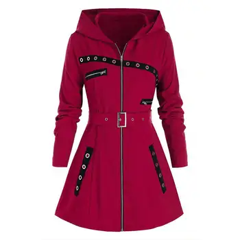 Jeseň zima dlhý rukáv očko zips dekorácie zips s kapucňou, s pásom Bežné 2022 dlhý kabát Čierny červené bundy pre ženy