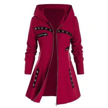 Jeseň zima dlhý rukáv očko zips dekorácie zips s kapucňou, s pásom Bežné 2022 dlhý kabát Čierny červené bundy pre ženy Obrázok 2