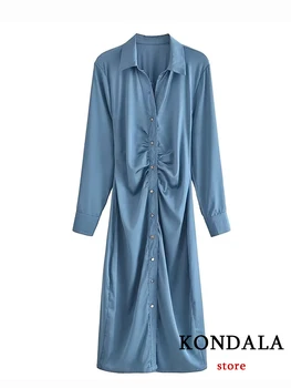 KONDALA Elegantný Retro Modrá Dlhé Šaty s Dlhým Rukávom Singel svojim Módne 2022 Jeseň Puffles Elegantné Office Lady Vestidos