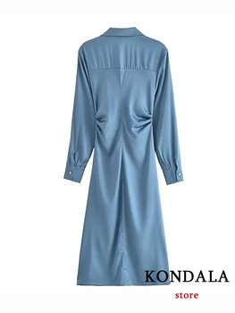 KONDALA Elegantný Retro Modrá Dlhé Šaty s Dlhým Rukávom Singel svojim Módne 2022 Jeseň Puffles Elegantné Office Lady Vestidos Obrázok 2
