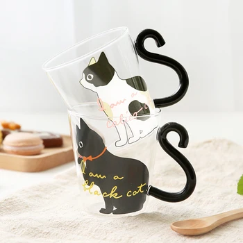 Kreatívne cute cat transparentné sklo chvost rukoväť osobnosti tepelne-odolné microwaveable mačací pazúr pohár