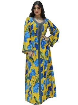 Kvetinový Tlač Maroko Moslimské Oblečenie Žien Abaya Kaftan Eid Strany Večerných Šiat, Turecko, Dubaj Jeseň Islam Dlhé Šaty Femme Vestido