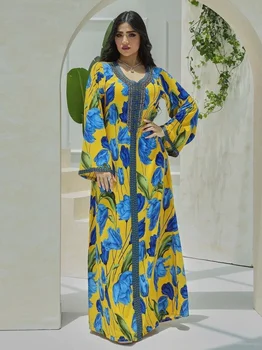 Kvetinový Tlač Maroko Moslimské Oblečenie Žien Abaya Kaftan Eid Strany Večerných Šiat, Turecko, Dubaj Jeseň Islam Dlhé Šaty Femme Vestido Obrázok 2