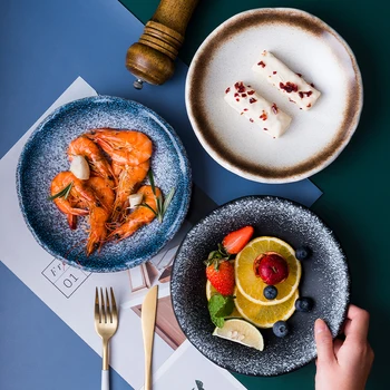 LingAo Keramické tvorivé Japonský ovocie, západné jedlo, steak, kolo plytký tanier，nože a vidličky Obrázok 2