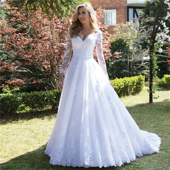 Luxusné Svadobné Šaty Princezná 2021 Čipky Nášivka Korálkové Dlhý Rukáv Biele Vintage Nevesta Šaty Svadobné Šaty Šaty, De Mariee