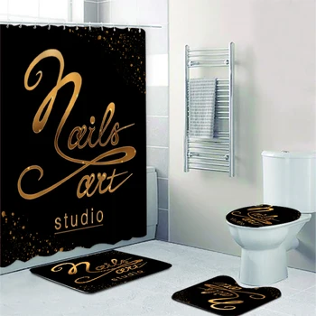 Luxusné Čierne Zlato Nechty Art Štúdio Logo Firmy, Kúpeľňa Sprchový Záves Nastaviť Iskru Lesk Tvoria Salón Krásy Vaňa Rohože Dekor
