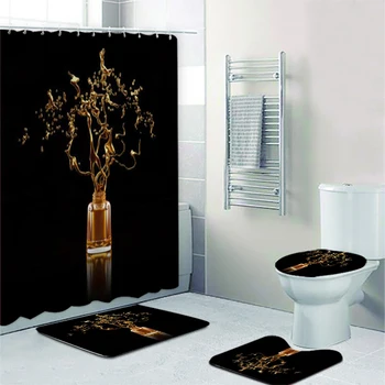 Luxusné Čierne Zlato Nechty Art Štúdio Logo Firmy, Kúpeľňa Sprchový Záves Nastaviť Iskru Lesk Tvoria Salón Krásy Vaňa Rohože Dekor Obrázok 2