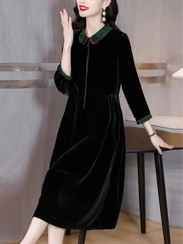 Midi Bežné Elegantné Ženy Šaty Jeseň Zima Black Velvet Vintage Spojov Prom Šaty 2022 Módne Hrubé Teplé Elegantné Vestidos