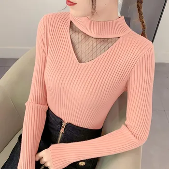 Móda Sveter Ženy Kórejský Slim Pol Vysoká Krku Farbou Jesene Pulóver Knitwear