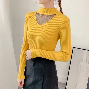 Móda Sveter Ženy Kórejský Slim Pol Vysoká Krku Farbou Jesene Pulóver Knitwear Obrázok 2