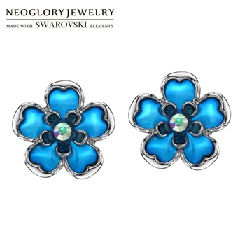 Neoglory Rakúsko Drahokamu & Smalt Stud Náušnice Roztomilé Modré Kvet Nádherný Dizajn Ženy Klasické Módne Denne Predaj