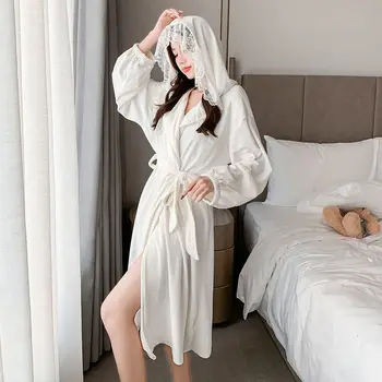 Nežnej Bielej Flanelové Čipky Nightgown Jeseň Zima Sleepwear Ženy Voľné Kimono Župan Košeľa S Kapucňou, Odev Bežné Plavky