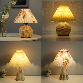 Nordic Stolové Lampy, Spálňa Decor Vintage Skladaný Textílie Ratan Ručné Nočného Pre Deti Izba 220v Plug-in LED Svetlo