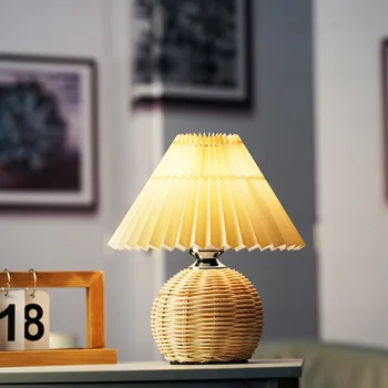 Nordic Stolové Lampy, Spálňa Decor Vintage Skladaný Textílie Ratan Ručné Nočného Pre Deti Izba 220v Plug-in LED Svetlo Obrázok 2