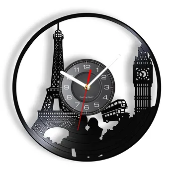 Paríž, Londýn Cestovné Tematické Vinyl Na Stenu Hodinová Veža Big Ben Veža Unikátne Cestovné Orientačný Bod Wall Art Retro Hodiny Hodinky