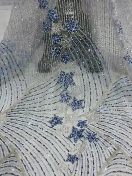 Pekné Star Sequin Embriodery FabricWith Perly francúzskej Oka Krajky/Modrá Flitrami Afriky textílie, čipky Pre Večerné Šaty Svadby
