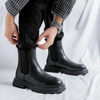 pánske luxusné módne chelsea topánky čierne originálne kožené topánky strany prom šaty kovboj členok boot pekný platformu členok botas Obrázok 2