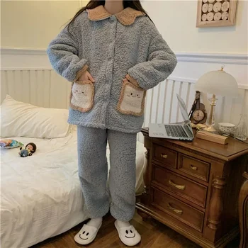 QWEEK Pyžamá pre Ženy Zimné Flanelové Pijamas Kawaii Chlieb Vrecku Domáce Oblečenie Dospievajúce Dievčatá Plavky Sleepwear Pyžamá Roomware