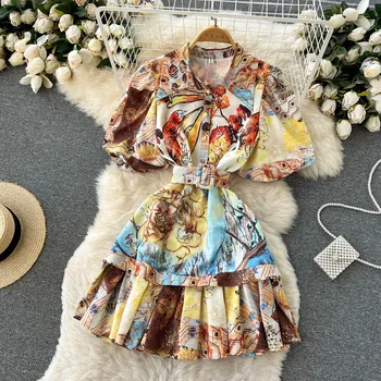 Retro Kvetinový Tlač Vintage Mini Šaty s Pásom Ženy Lete Lístkového Rukáv Dráhy Župan Trendy Vestidos Singel svojim D642