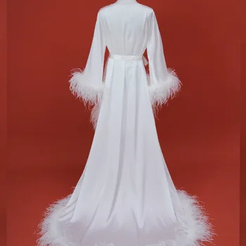 Ráno šaty nevesta fetish luxusné svadobné biele pštrosie perie koncové dlhé šaty dvoch-dielny noc šaty пижама женская