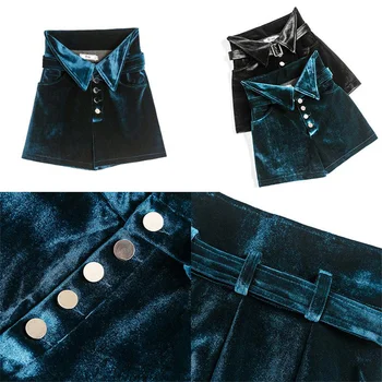 S-2XL Velvet Belted Šortky Ženy Streetwear Módy Plus Veľkosť Single-Breasted Vysoký Pás Šortky Vrecku Čierne Trenírky Obrázok 2