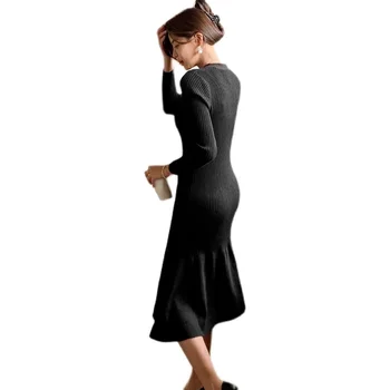 Sexy Elegantné Party Šaty na Jeseň Fashion Slim Bodycon Klub Šaty tvaru Čierny Pletený Sveter s Dlhým Rukávom Morská víla Šaty Obrázok 2