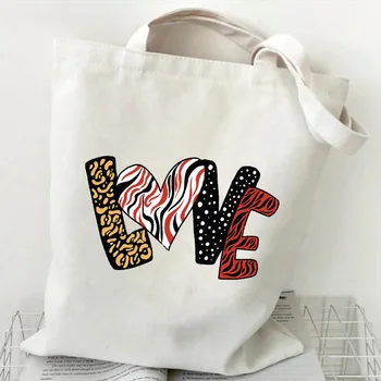 Shopper Tašky ženy Leopard Láska Vytlačené Tote Bag Grafika Taška cez Rameno Zábavné kabelka opakovane nákupní taška Lady darčekové Tašky Plátno