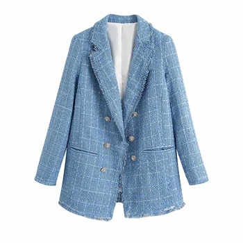 Tweed Ženy Elegantné Modré Blejzre Bežné Ženské Streetwear Módy Obleky Dámy Vintage Voľné Sako Bundy