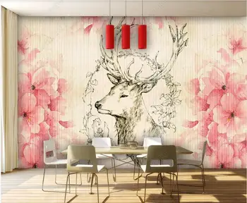 Vlastné nástenné 3d foto tapety na Ručne kreslenú elk jeleň hlavu peach blossom domova obývacia izba tapety na steny 3 d v kotúčoch