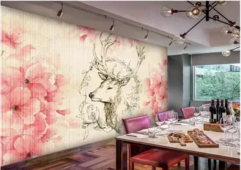 Vlastné nástenné 3d foto tapety na Ručne kreslenú elk jeleň hlavu peach blossom domova obývacia izba tapety na steny 3 d v kotúčoch Obrázok 2