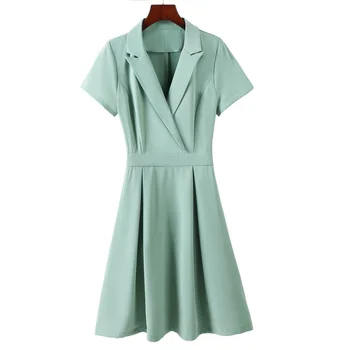 Zelená kórejský Letné Šaty 2022 Ženy Vintage tvaru Dlhý Rukáv Bodycon Office Lady Práce Plášť Šaty Formálne Veľké Lem Sukne Obrázok 2